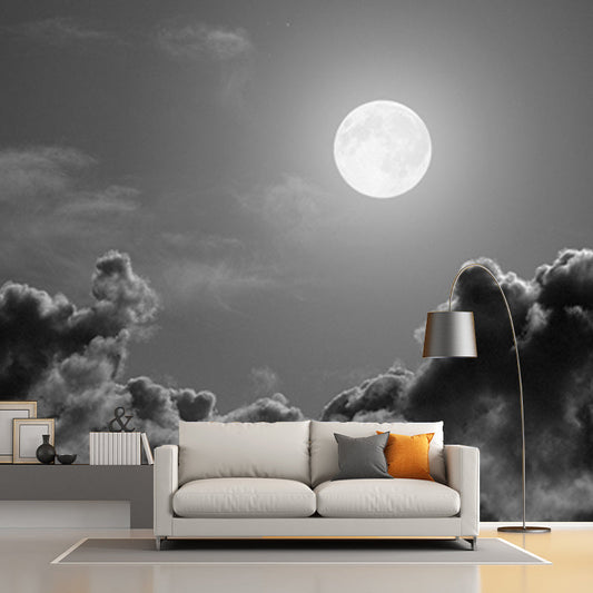 Grau-Schwarz Modernes Tapeten-Mural Riesiger Vollmond über Wolkenmeer Wandverkleidung für Zuhause