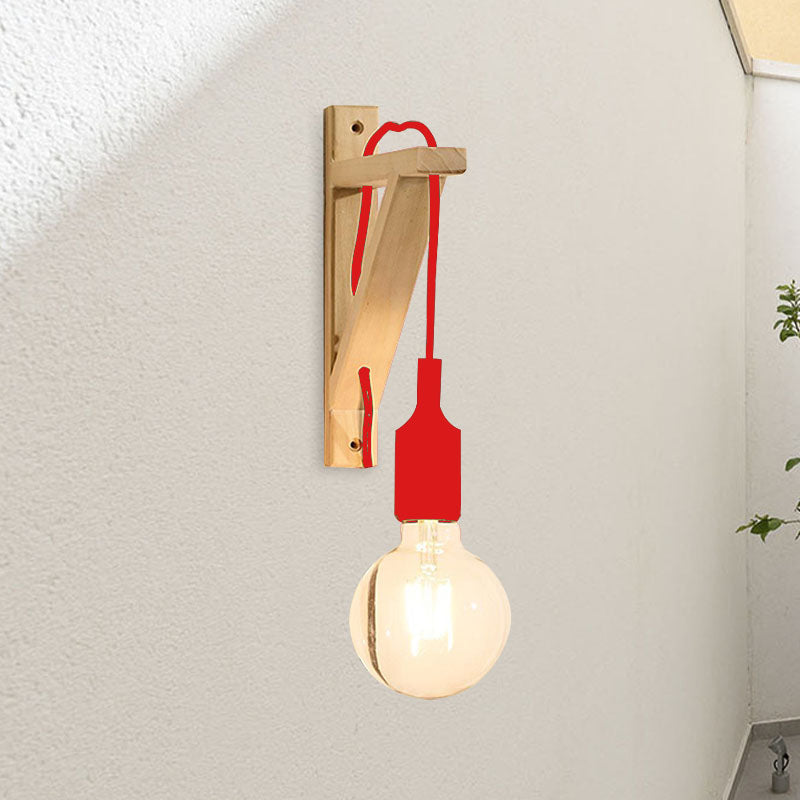Frendorf | Einzelne Exposed Bulb Wandmontierte Lampe Lager Schwarz/Grau/Rot Silikagel Wandleuchte mit Holz-Dreiecksträger