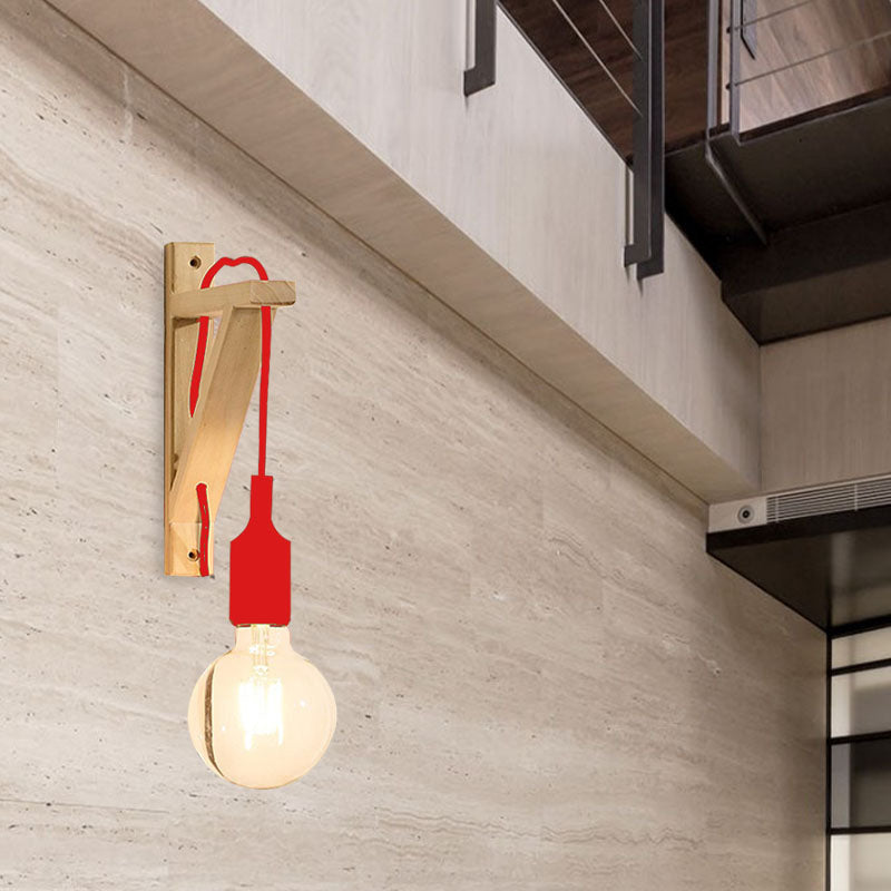 Frendorf | Einzelne Exposed Bulb Wandmontierte Lampe Lager Schwarz/Grau/Rot Silikagel Wandleuchte mit Holz-Dreiecksträger