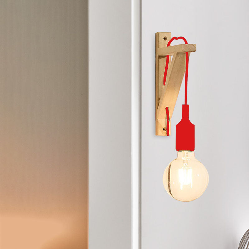 Frendorf | Einzelne Exposed Bulb Wandmontierte Lampe Lager Schwarz/Grau/Rot Silikagel Wandleuchte mit Holz-Dreiecksträger