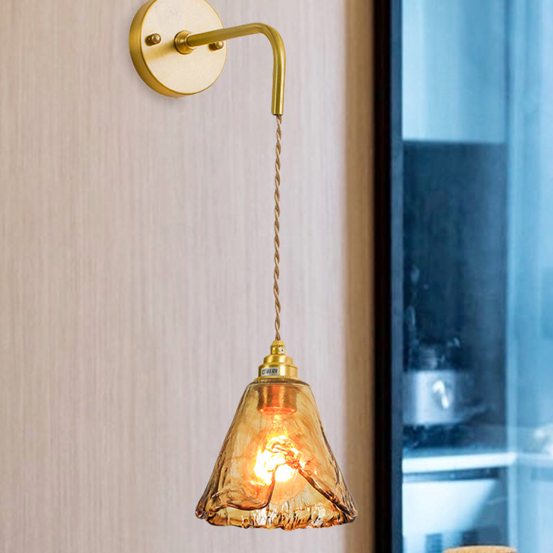 Frendorf | Tan Glas Cone/Trapez/Flach Sconce Kolonialismus 1-Lichter Wohnzimmer Wandmontage Leuchte in Gold mit Kabel