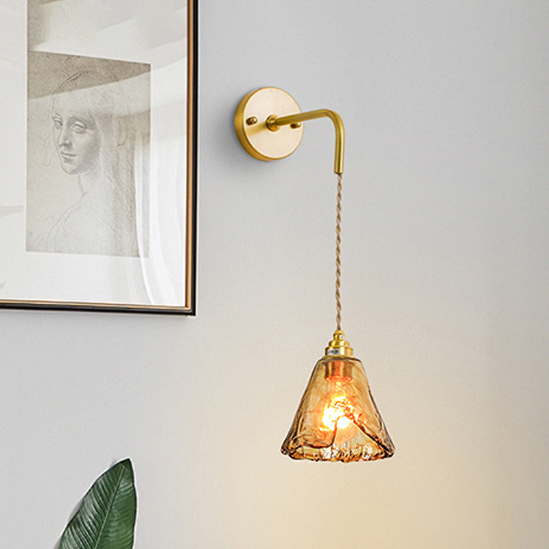 Frendorf | Tan Glas Cone/Trapez/Flach Sconce Kolonialismus 1-Lichter Wohnzimmer Wandmontage Leuchte in Gold mit Kabel