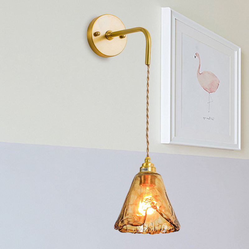 Frendorf | Tan Glas Cone/Trapez/Flach Sconce Kolonialismus 1-Lichter Wohnzimmer Wandmontage Leuchte in Gold mit Kabel