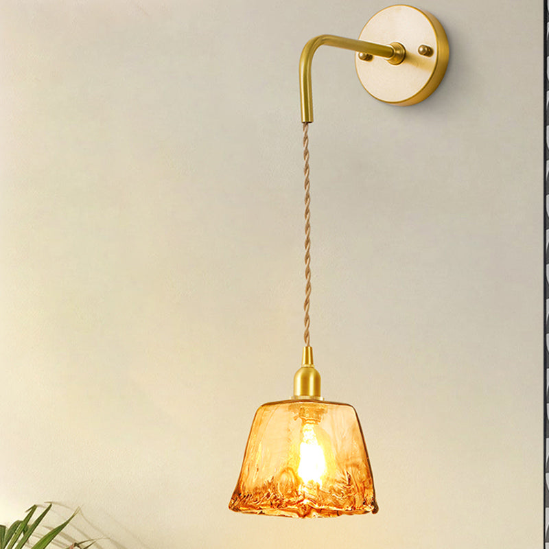 Frendorf | Tan Glas Cone/Trapez/Flach Sconce Kolonialismus 1-Lichter Wohnzimmer Wandmontage Leuchte in Gold mit Kabel