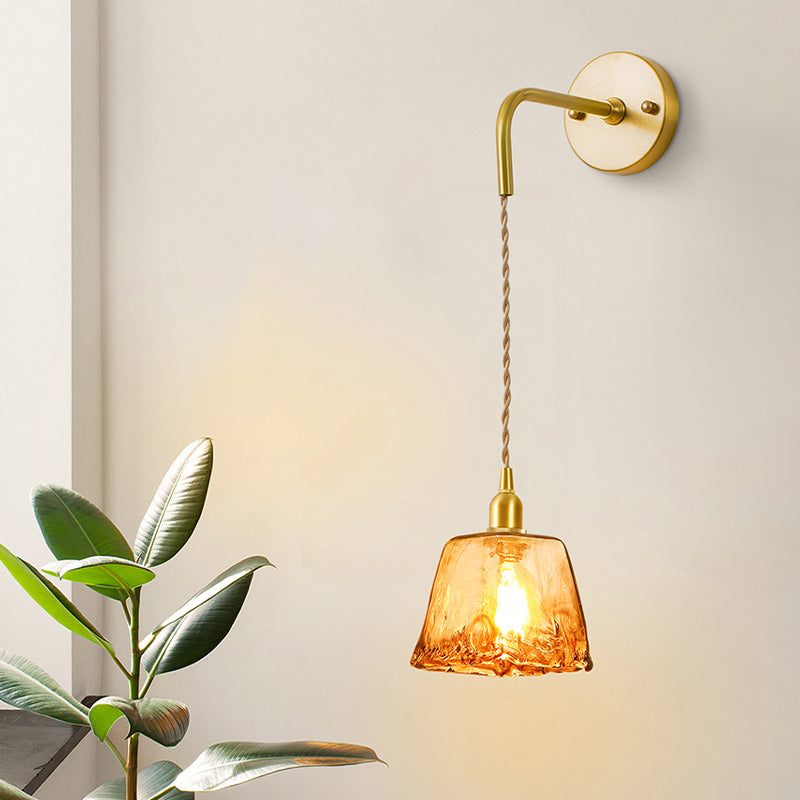Frendorf | Tan Glas Cone/Trapez/Flach Sconce Kolonialismus 1-Lichter Wohnzimmer Wandmontage Leuchte in Gold mit Kabel