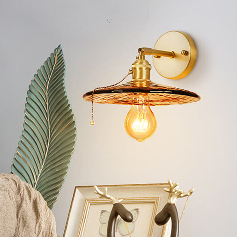 Frendorf | Tan Glass Gold Wandlamp Schaduw Schotel/Mond/Trapezium 1-Kop Koloniale Wandarmatuur Verlichting Voor Slaapkamer
