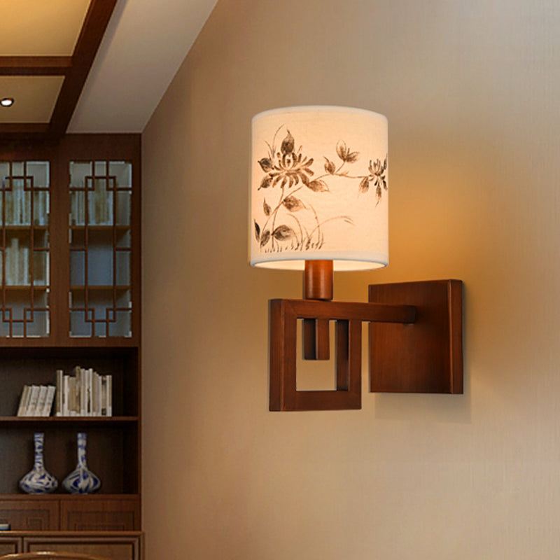 Frendorf | 1 Licht Zylinder Wandverlichting Fixture Rustik Weißer Stoff Wandlampe mit Blumenmuster für Arbeitszimmer