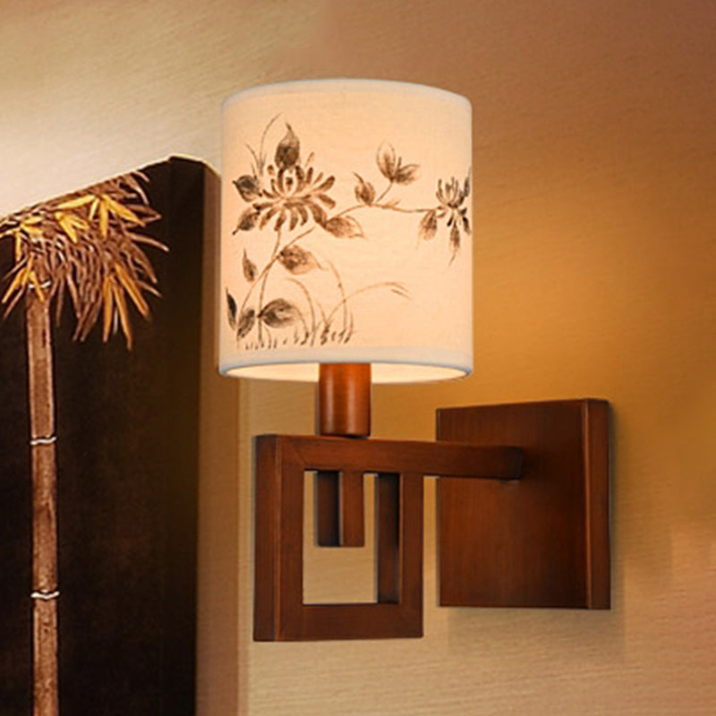 Frendorf | 1 Licht Zylinder Wandverlichting Fixture Rustik Weißer Stoff Wandlampe mit Blumenmuster für Arbeitszimmer