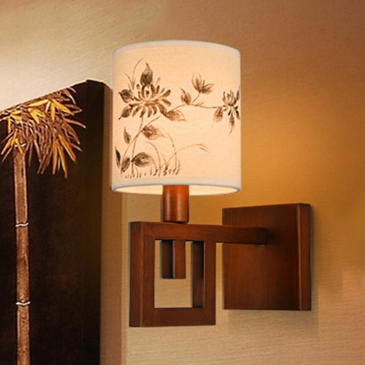 Frendorf | 1 Licht Zylinder Wandverlichting Fixture Rustik Weißer Stoff Wandlampe mit Blumenmuster für Arbeitszimmer