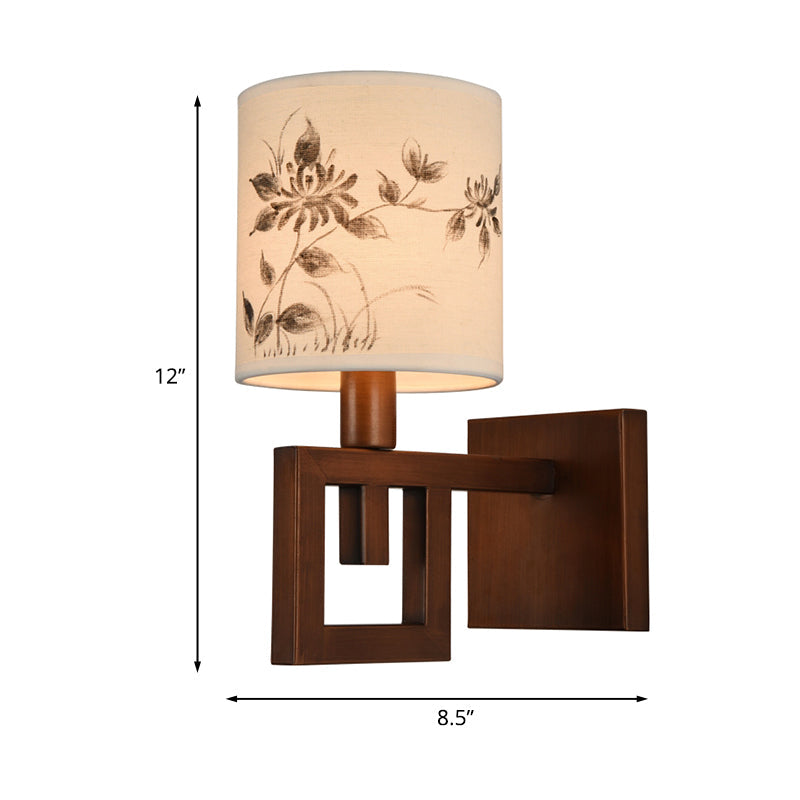 Frendorf | 1 Licht Zylinder Wandverlichting Fixture Rustik Weißer Stoff Wandlampe mit Blumenmuster für Arbeitszimmer