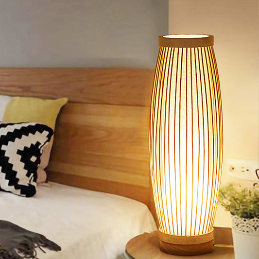 Holz oval Nachttischlampe asiatischer Stil mit einzelner Glühbirne Bambus Tischlampe mit innerem Zylinder-Stoffschirm für Schlafzimmer