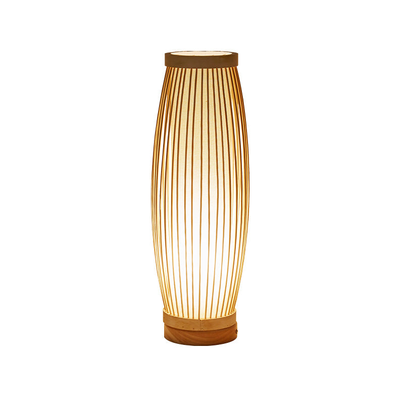 Holz oval Nachttischlampe asiatischer Stil mit einzelner Glühbirne Bambus Tischlampe mit innerem Zylinder-Stoffschirm für Schlafzimmer