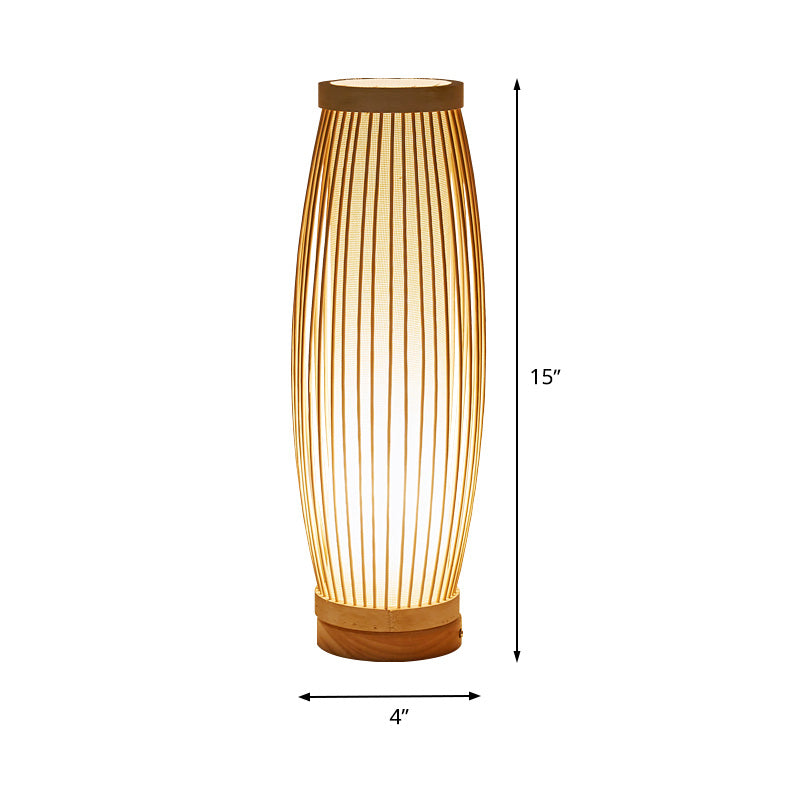 Holz oval Nachttischlampe asiatischer Stil mit einzelner Glühbirne Bambus Tischlampe mit innerem Zylinder-Stoffschirm für Schlafzimmer