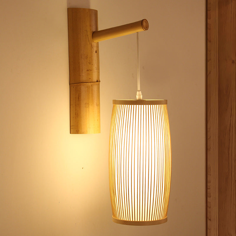 Frendorf | Einzelkopf Flur Wandhängelampe Asiatischer Stil Holz Wandmontierte Lampe mit Korb Bambus Schirm