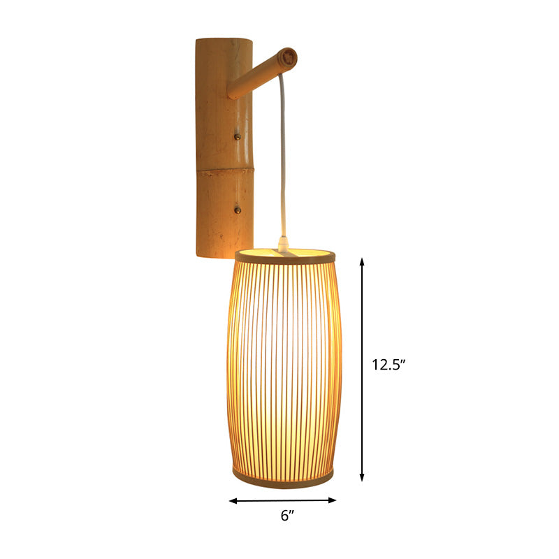 Frendorf | Einzelkopf Flur Wandhängelampe Asiatischer Stil Holz Wandmontierte Lampe mit Korb Bambus Schirm