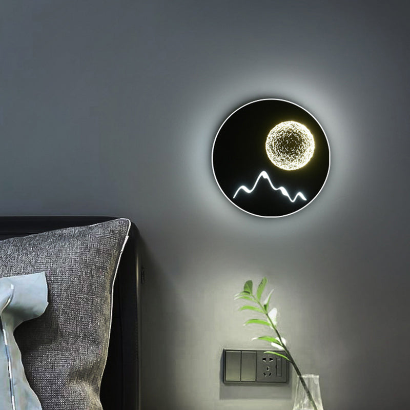 Frendorf | Mini Rund/Rechteck Dünn LED Deckenleuchte Nordic Metall Schlafzimmer Wandlampe Sconces in Schwarz/Weiß/Grau mit Vollmond-Bergmuster