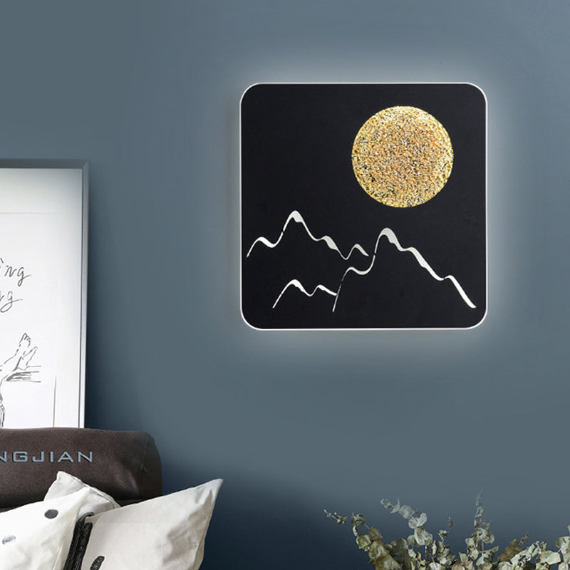 Frendorf | Mini Rund/Rechteck Dünn LED Deckenleuchte Nordic Metall Schlafzimmer Wandlampe Sconces in Schwarz/Weiß/Grau mit Vollmond-Bergmuster
