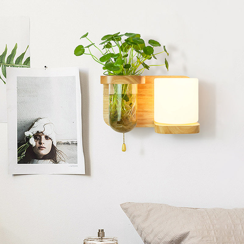 Frendorf | Holz Globe/Zylinder Wand Sconce Nordisch Creme Glas 1 Glühbirne Schlafzimmer Wandlicht mit Pflanzen Topf und Zugkette