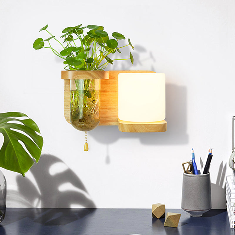 Frendorf | Holz Globe/Zylinder Wand Sconce Nordisch Creme Glas 1 Glühbirne Schlafzimmer Wandlicht mit Pflanzen Topf und Zugkette