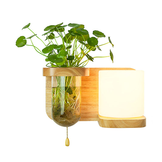 Frendorf | Holz Globe/Zylinder Wand Sconce Nordisch Creme Glas 1 Glühbirne Schlafzimmer Wandlicht mit Pflanzen Topf und Zugkette