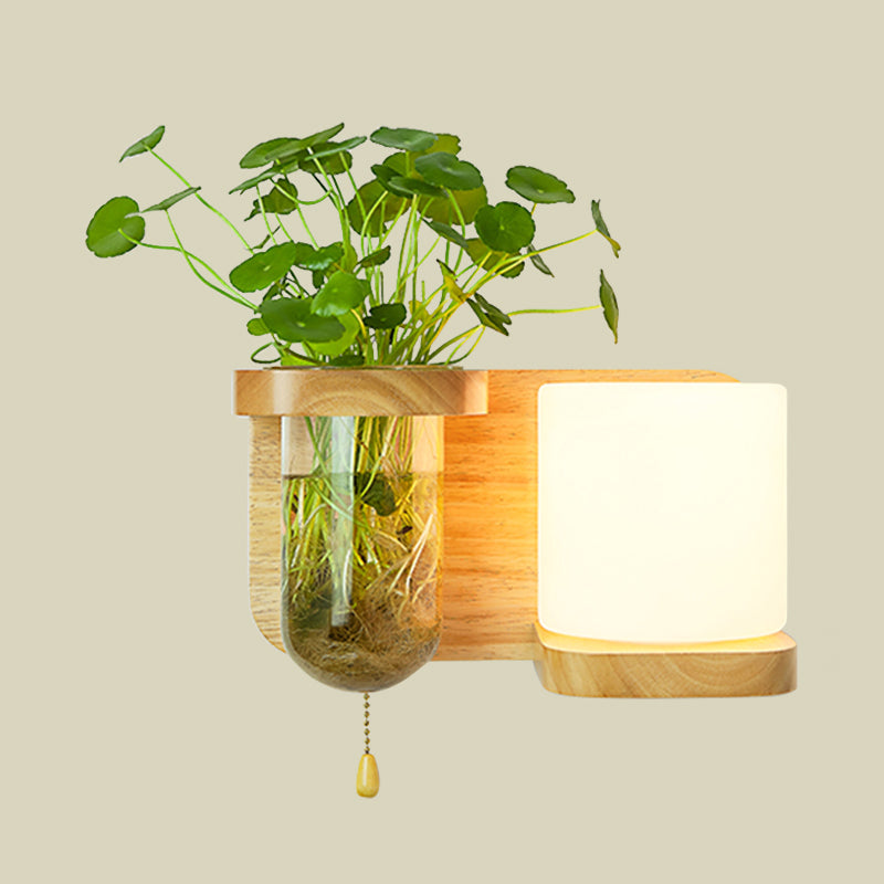 Frendorf | Holz Globe/Zylinder Wand Sconce Nordisch Creme Glas 1 Glühbirne Schlafzimmer Wandlicht mit Pflanzen Topf und Zugkette
