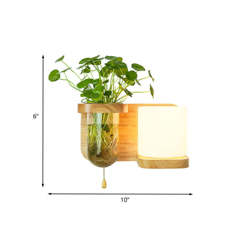 Frendorf | Holz Globe/Zylinder Wand Sconce Nordisch Creme Glas 1 Glühbirne Schlafzimmer Wandlicht mit Pflanzen Topf und Zugkette