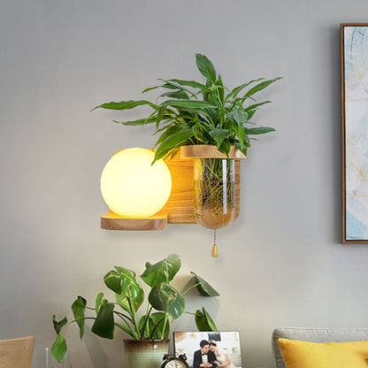 Frendorf | Holz Globe/Zylinder Wand Sconce Nordisch Creme Glas 1 Glühbirne Schlafzimmer Wandlicht mit Pflanzen Topf und Zugkette