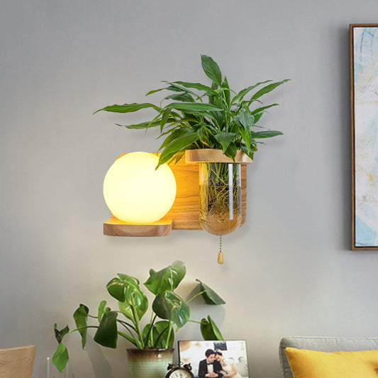 Frendorf | Holz Globe/Zylinder Wand Sconce Nordisch Creme Glas 1 Glühbirne Schlafzimmer Wandlicht mit Pflanzen Topf und Zugkette