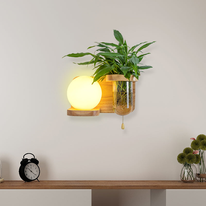 Frendorf | Holz Globe/Zylinder Wand Sconce Nordisch Creme Glas 1 Glühbirne Schlafzimmer Wandlicht mit Pflanzen Topf und Zugkette