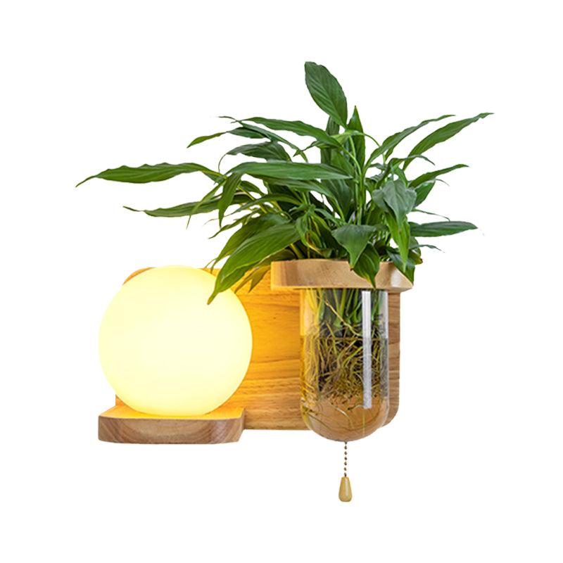 Frendorf | Holz Globe/Zylinder Wand Sconce Nordisch Creme Glas 1 Glühbirne Schlafzimmer Wandlicht mit Pflanzen Topf und Zugkette