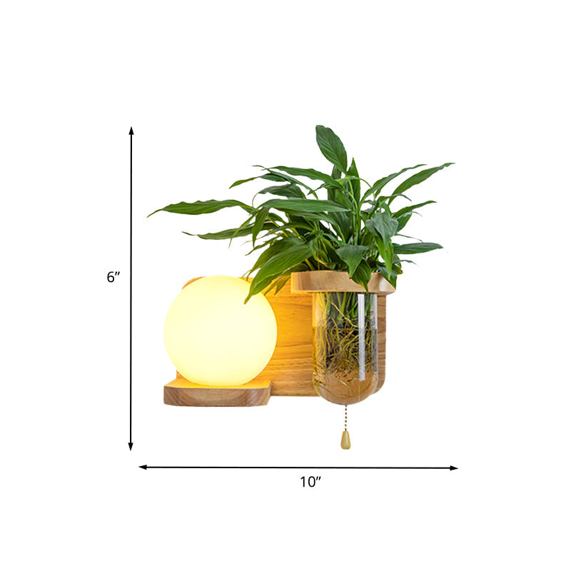 Frendorf | Holz Globe/Zylinder Wand Sconce Nordisch Creme Glas 1 Glühbirne Schlafzimmer Wandlicht mit Pflanzen Topf und Zugkette