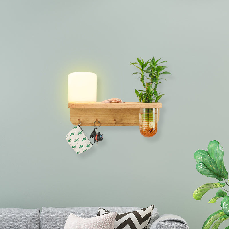 Frendorf | Frosted Glass Wood Wall Light Cylindrical 1-Bulb Industrial Wall Sconce Lamp with Plant Container