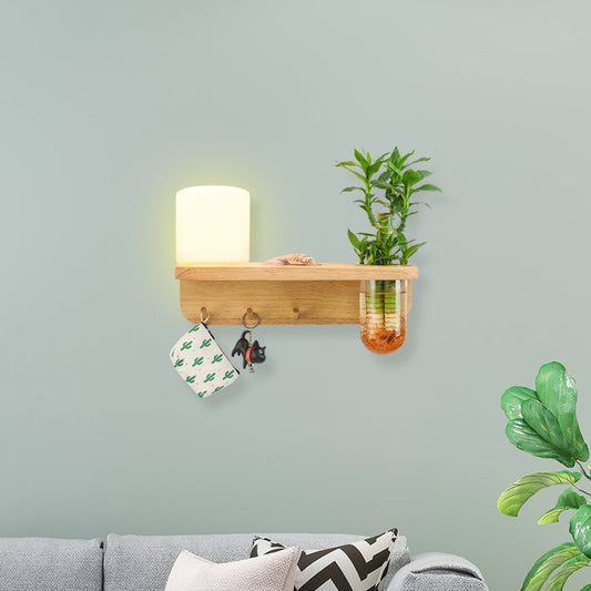 Frendorf | Frosted Glass Wood Wall Light Cylindrical 1-Bulb Industrial Wall Sconce Lamp with Plant Container