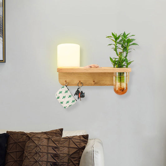 Frendorf | Frosted Glass Wood Wall Light Cylindrical 1-Bulb Industrial Wall Sconce Lamp with Plant Container
