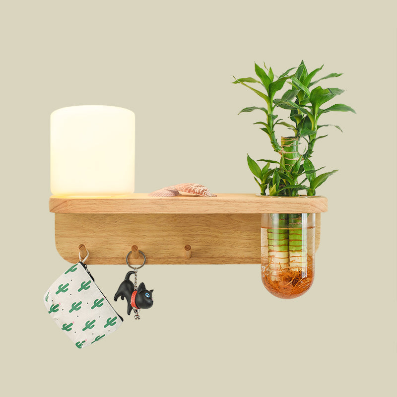 Frendorf | Frosted Glass Wood Wall Light Cylindrical 1-Bulb Industrial Wall Sconce Lamp with Plant Container