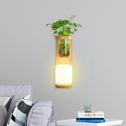 Frendorf | Nordic Cylinder Wandlamp 1-Head Opal Glas Wandverlichting in Hout met Helder Glas Plantenbeker