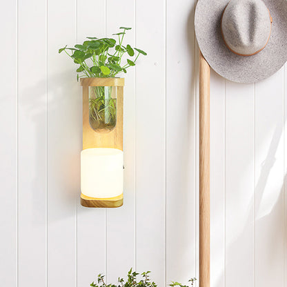 Frendorf | Nordic Cylinder Wandlamp 1-Head Opal Glas Wandverlichting in Hout met Helder Glas Plantenbeker