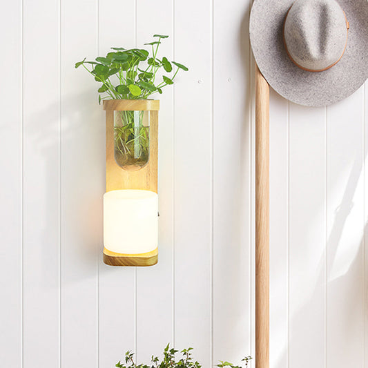 Frendorf | Nordic Cylinder Wandlamp 1-Head Opal Glas Wandverlichting in Hout met Helder Glas Plantenbeker