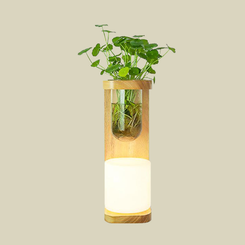 Frendorf | Nordic Cylinder Wandlamp 1-Head Opal Glas Wandverlichting in Hout met Helder Glas Plantenbeker
