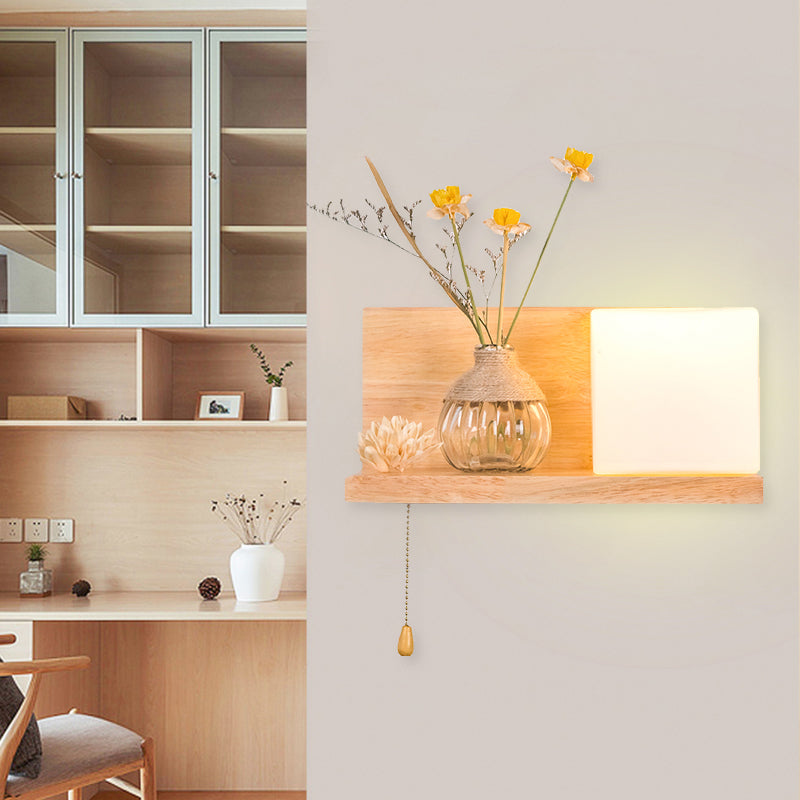 Frendorf | Hout 1 Licht Wandlamp Nordic Melkglas Spiraal/Cilinder/Huis Wandmontage Verlichtingsarmatuur met Duidelijke Glazen Vaasje