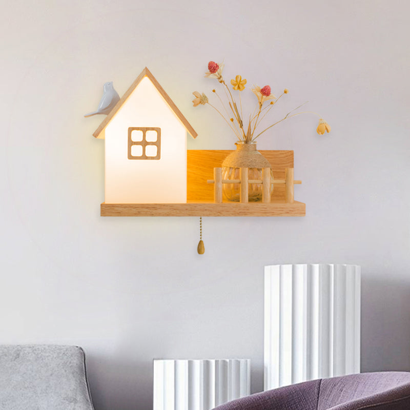 Frendorf | Hout 1 Licht Wandlamp Nordic Melkglas Spiraal/Cilinder/Huis Wandmontage Verlichtingsarmatuur met Duidelijke Glazen Vaasje