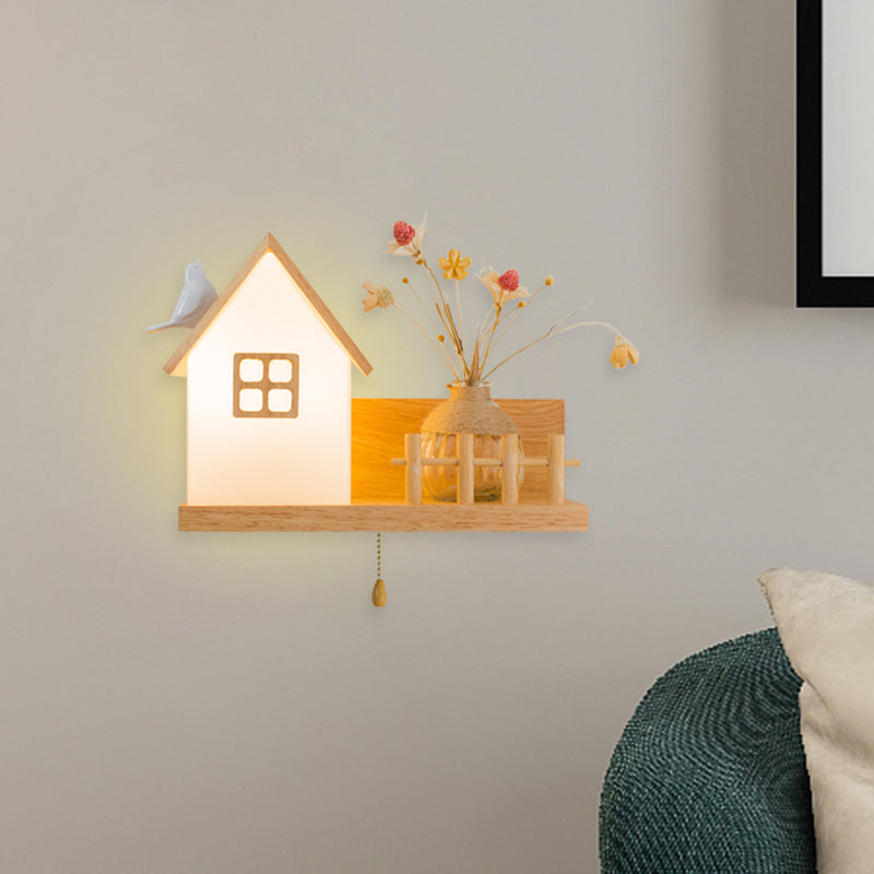 Frendorf | Hout 1 Licht Wandlamp Nordic Melkglas Spiraal/Cilinder/Huis Wandmontage Verlichtingsarmatuur met Duidelijke Glazen Vaasje