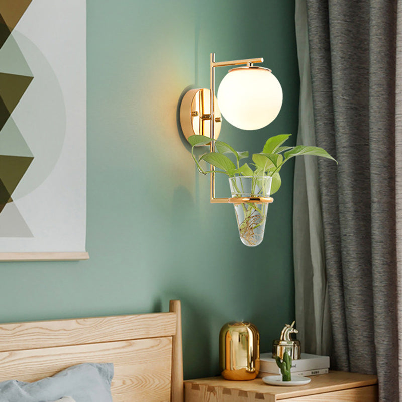 Frendorf | Gold/Black Globe Wandleuchte Antik Creme/Rauchgrau Glas 1-Kopf Schlafzimmer Wandlampe mit Klarglas Pflanzentasse
