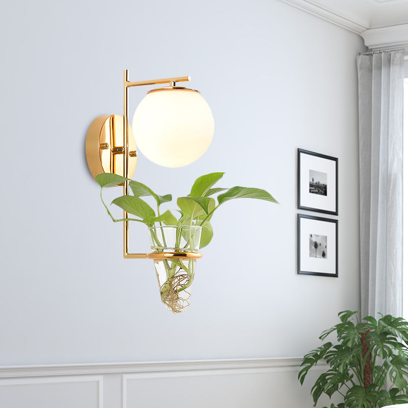 Frendorf | Gold/Black Globe Wandleuchte Antik Creme/Rauchgrau Glas 1-Kopf Schlafzimmer Wandlampe mit Klarglas Pflanzentasse