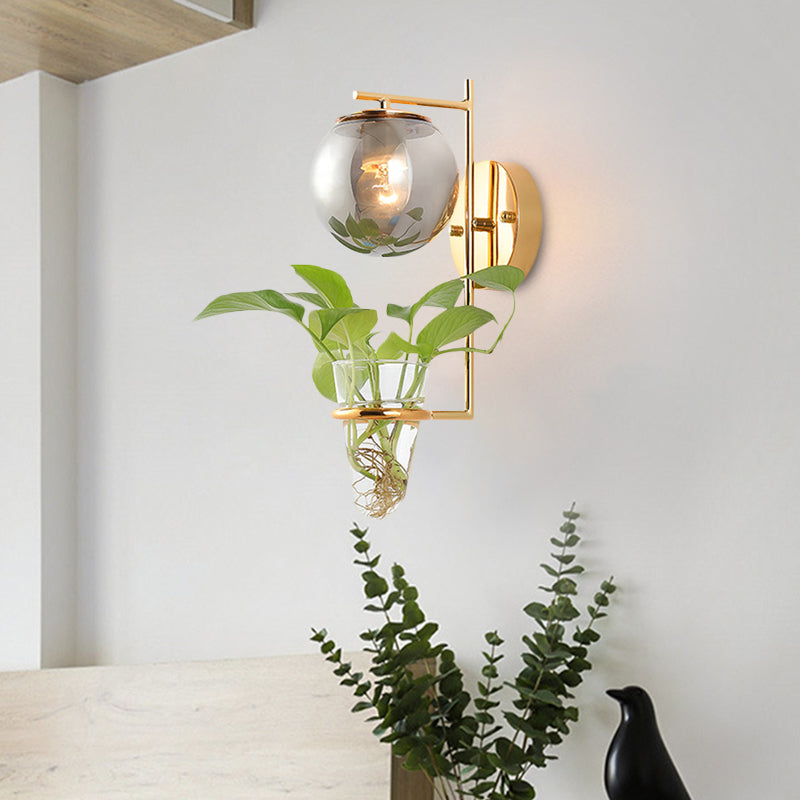 Frendorf | Gold/Black Globe Wandleuchte Antik Creme/Rauchgrau Glas 1-Kopf Schlafzimmer Wandlampe mit Klarglas Pflanzentasse