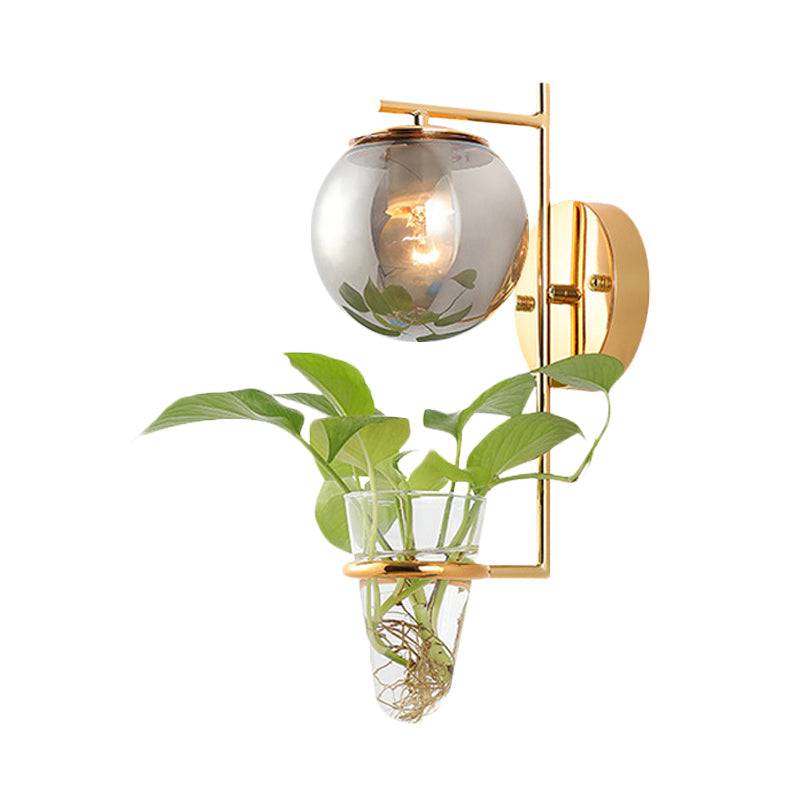 Frendorf | Gold/Black Globe Wandleuchte Antik Creme/Rauchgrau Glas 1-Kopf Schlafzimmer Wandlampe mit Klarglas Pflanzentasse