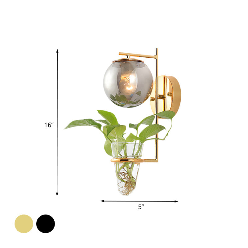 Frendorf | Gold/Black Globe Wandleuchte Antik Creme/Rauchgrau Glas 1-Kopf Schlafzimmer Wandlampe mit Klarglas Pflanzentasse