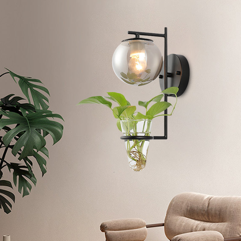 Frendorf | Gold/Black Globe Wandleuchte Antik Creme/Rauchgrau Glas 1-Kopf Schlafzimmer Wandlampe mit Klarglas Pflanzentasse
