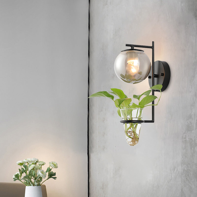 Frendorf | Gold/Black Globe Wandleuchte Antik Creme/Rauchgrau Glas 1-Kopf Schlafzimmer Wandlampe mit Klarglas Pflanzentasse