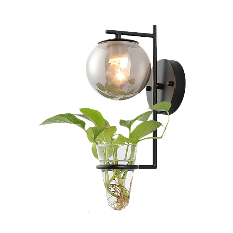 Frendorf | Gold/Black Globe Wandleuchte Antik Creme/Rauchgrau Glas 1-Kopf Schlafzimmer Wandlampe mit Klarglas Pflanzentasse